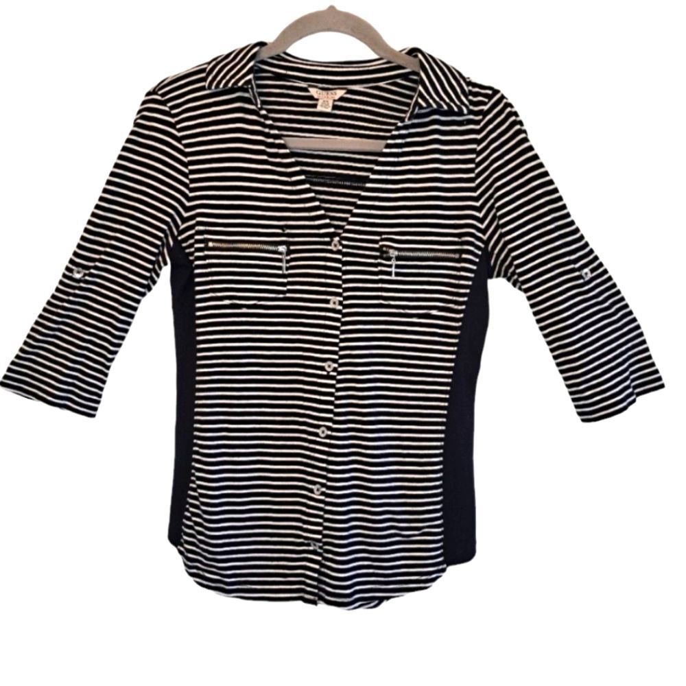 Guess Black White Striped Button Down Zip Pocket Roll Tab Sleeves Size Medium